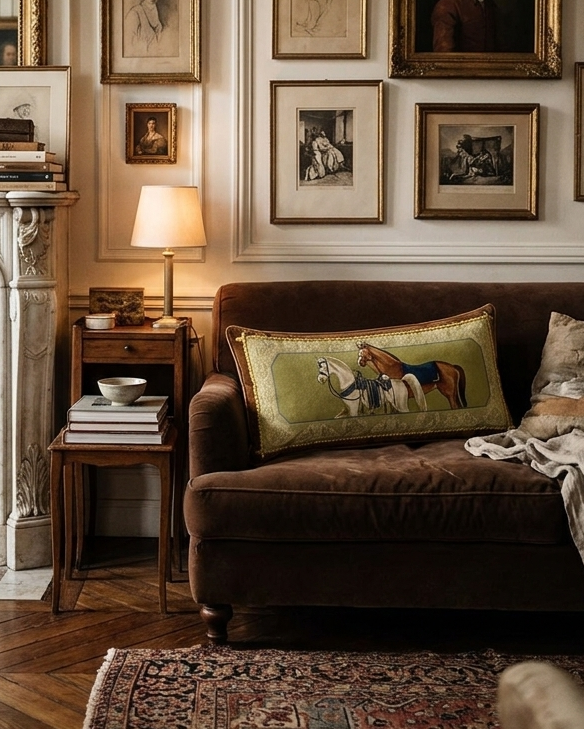 A cozy, classic living room featuring a dark brown velvet sofa with a green horse-patterned throw pillow, set against a wall decorated with numerous framed portraits. To the left is an ornate white fireplace with a gold mirror, and the room is illuminated by warm, ambient lighting.