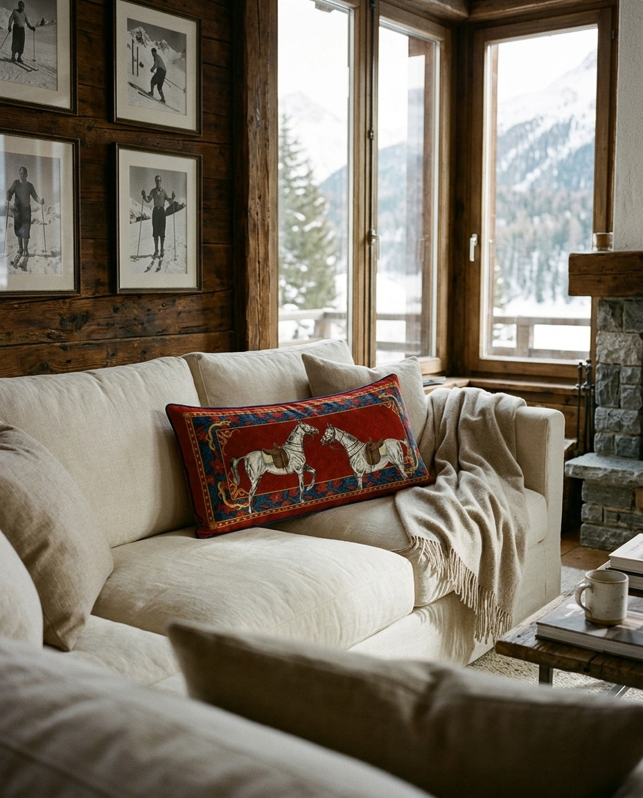 A cozy living room scene with a cream sofa, a red decorative throw pillow featuring two white horses, a draped cream blanket, and large windows showing a mountain view.