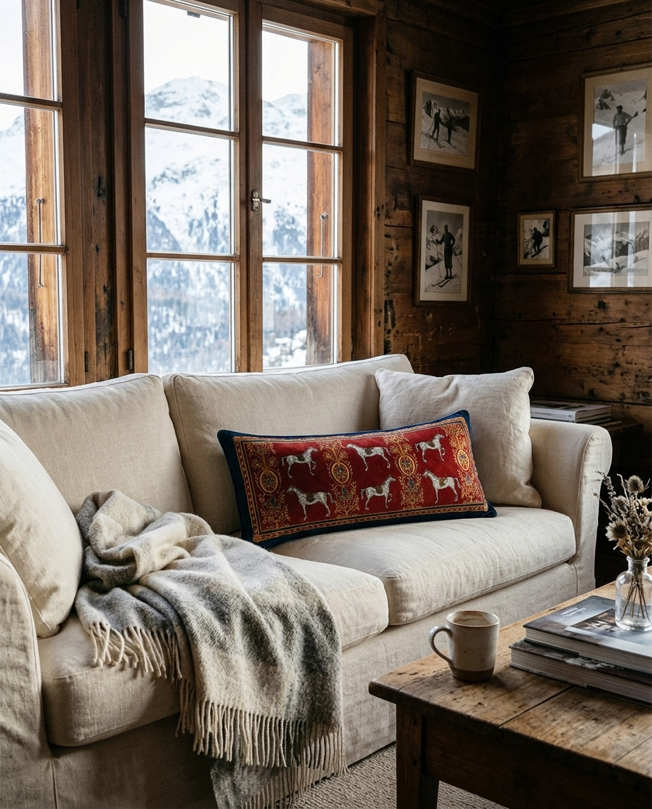 A cozy living room scene with a cream upholstered sofa, a red patterned throw pillow featuring white horses, a gray knit throw blanket, and a rustic wooden coffee table in front. Large wood-framed windows reveal a snowy mountain landscape outside, and framed wall art hangs on the rustic wood-paneled wall.