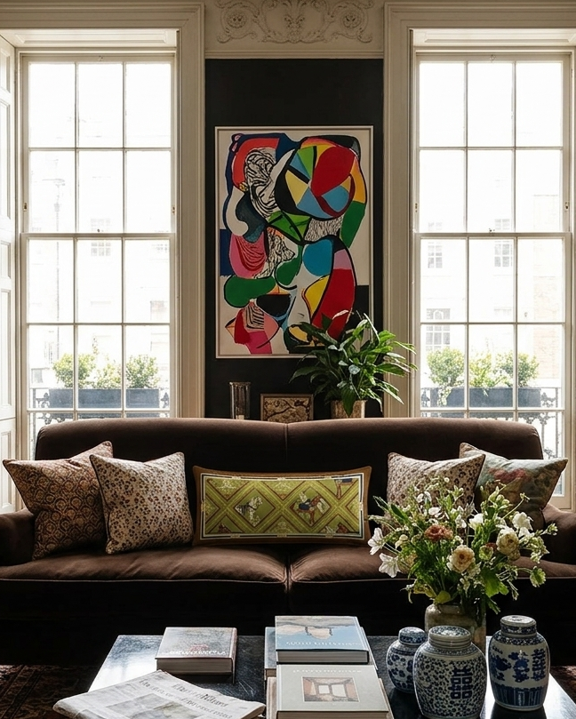 A styled living room featuring a dark brown velvet sofa with patterned throw pillows, set against a dark wall with a colorful abstract painting. Two tall windows with white frames are visible behind the sofa, and a black coffee table with books and a vase of flowers sits in the foreground on a patterned rug.