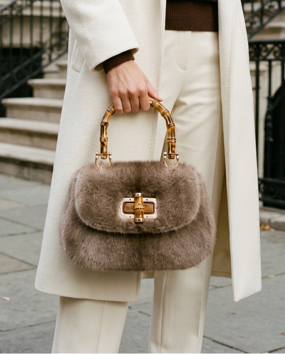 A model wearing a long cream coat, brown sweater, and cream trousers carries a brown fur handbag with gold-tone hardware in an urban street setting.