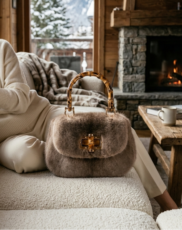 A woman in a cozy wooden cabin lounge setting, wearing a cream knit sweater and sitting on a textured beige sofa next to a brown fur handbag with a bamboo handle and gold hardware.