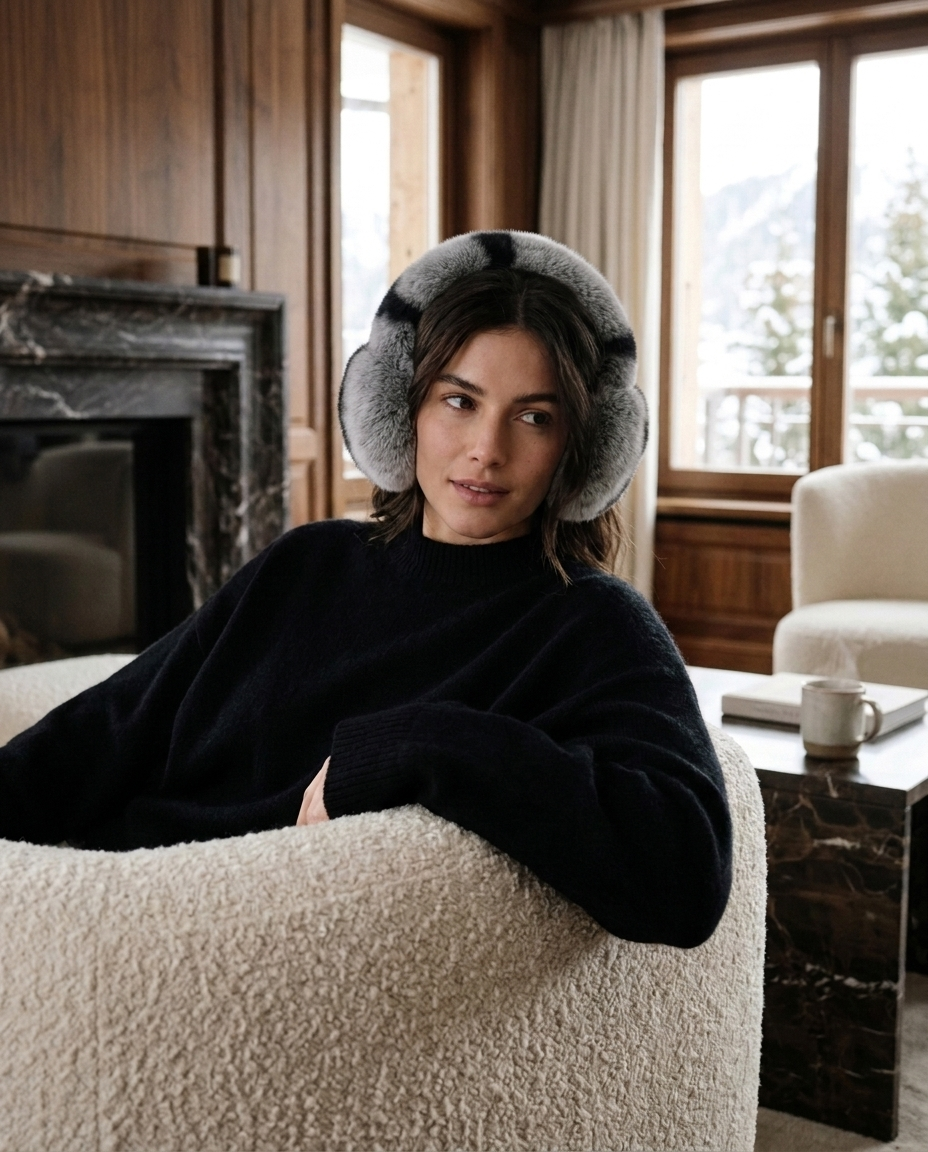 A woman wearing gray and black striped ear warmer earmuffs and a black knit sweater, sitting in a cozy, wood-paneled room on a cream boucle armchair.