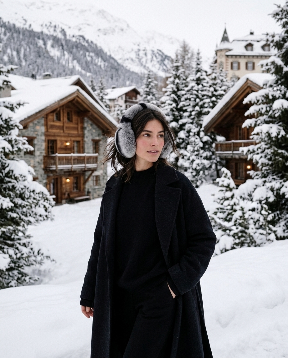 A woman wearing a long black coat and gray fuzzy earmuffs stands in a snowy mountain village with wooden chalets and snow-covered trees in the background.