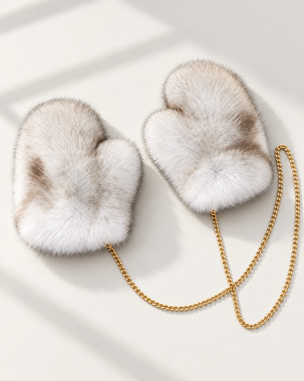 The St. Moritz Fur Mittens in natural fox fur on a gold chain