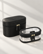The Riviera Vanity Case in black saffiano with clear inner bag