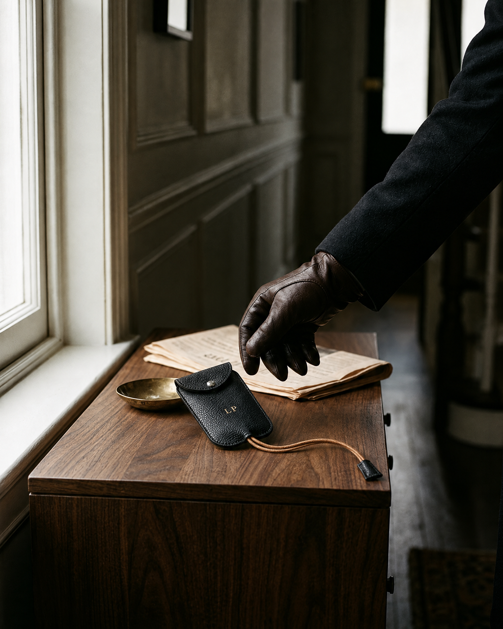 The Concierge Key Pouch on a walnut console by a hallway window