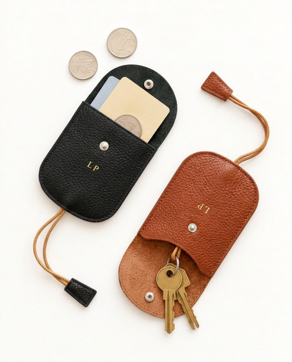 The Concierge Key Pouch in black and cognac leather with keys, a card and coins