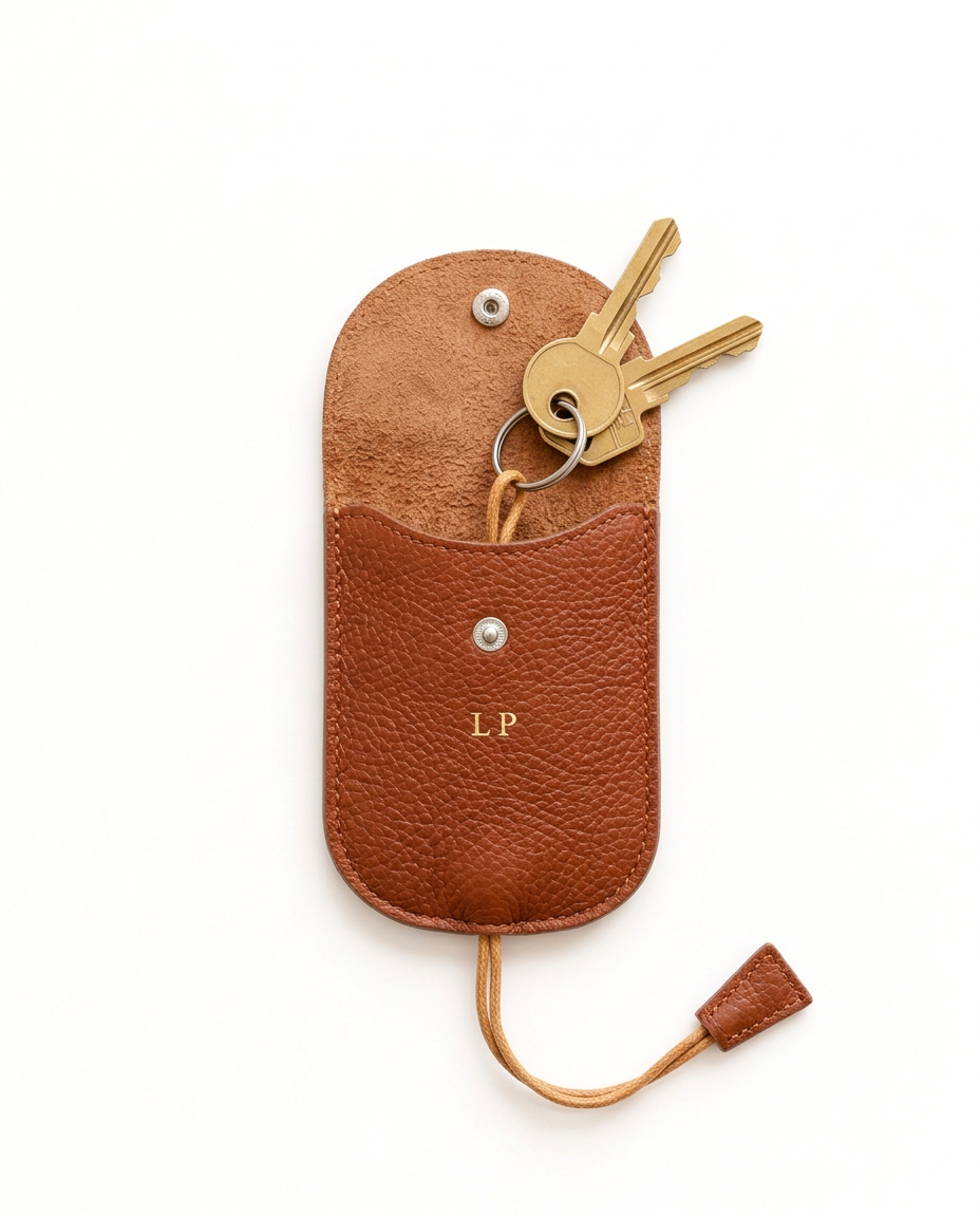 The Concierge Key Pouch in cognac leather, open with keys on the interior ring, gold LP initials