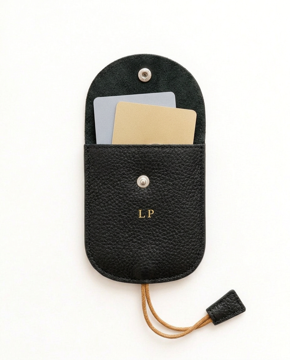 The Concierge Key Pouch in black leather, open with cards inside, gold LP initials