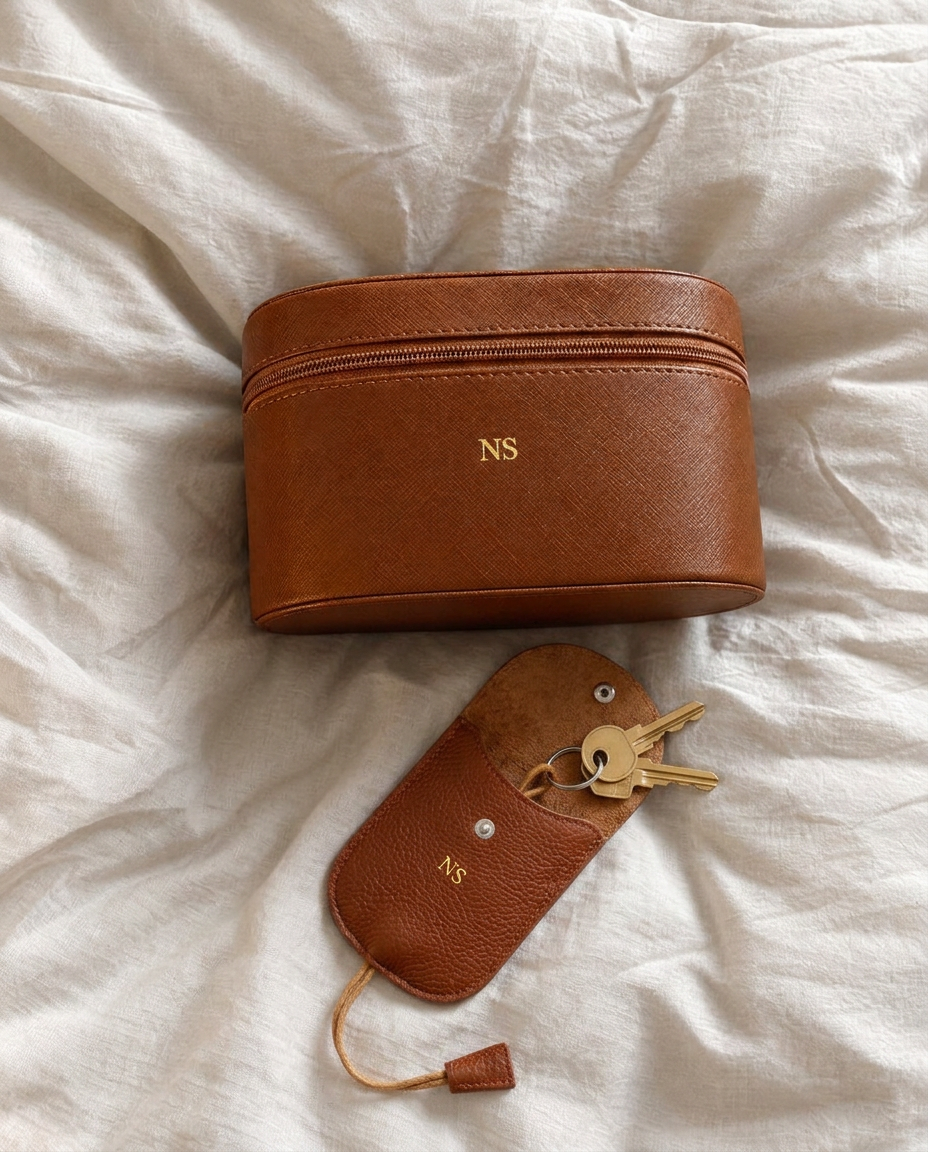 A brown textured leather key case with a zipper closure and a matching leather key holder pouch on a white fabric background. Both pieces are personalized with gold initials 'NS' and include keys.