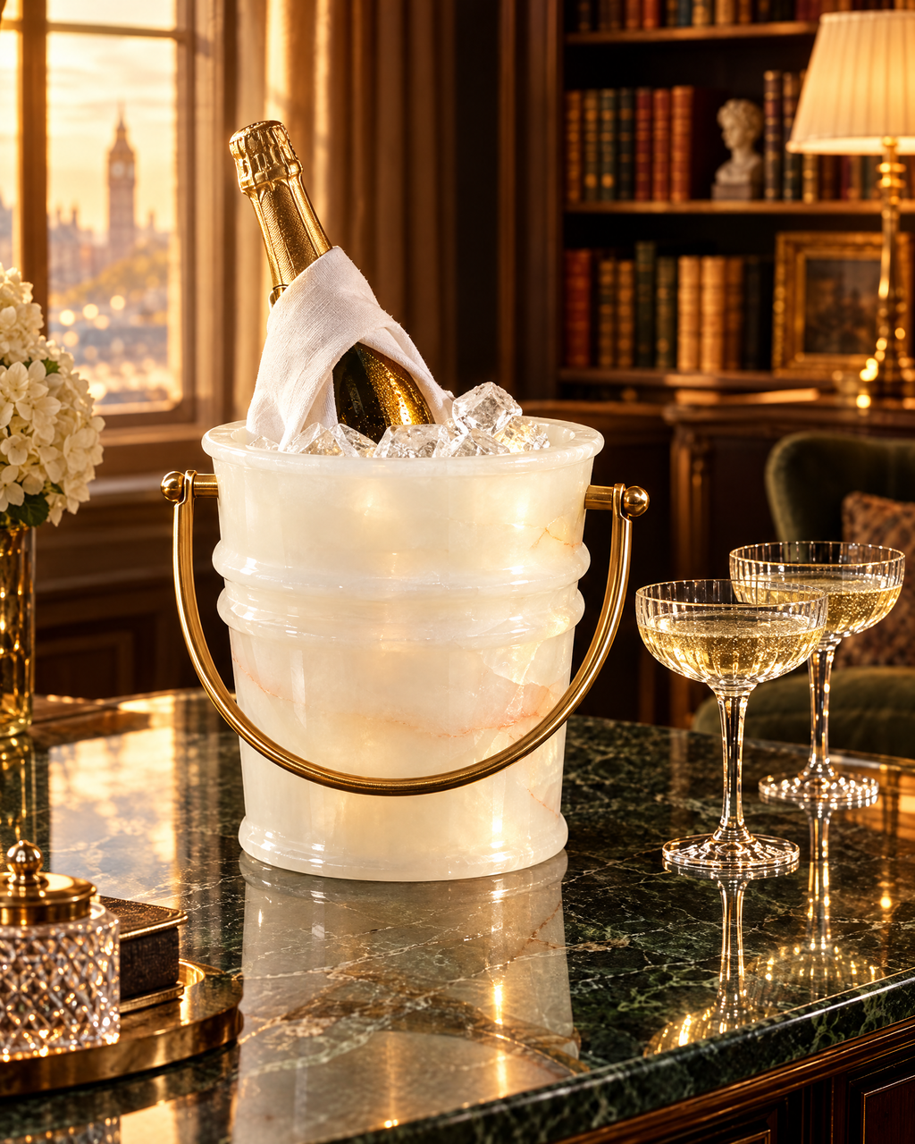 The Savoy Ice Bucket chilling champagne on a marble bar