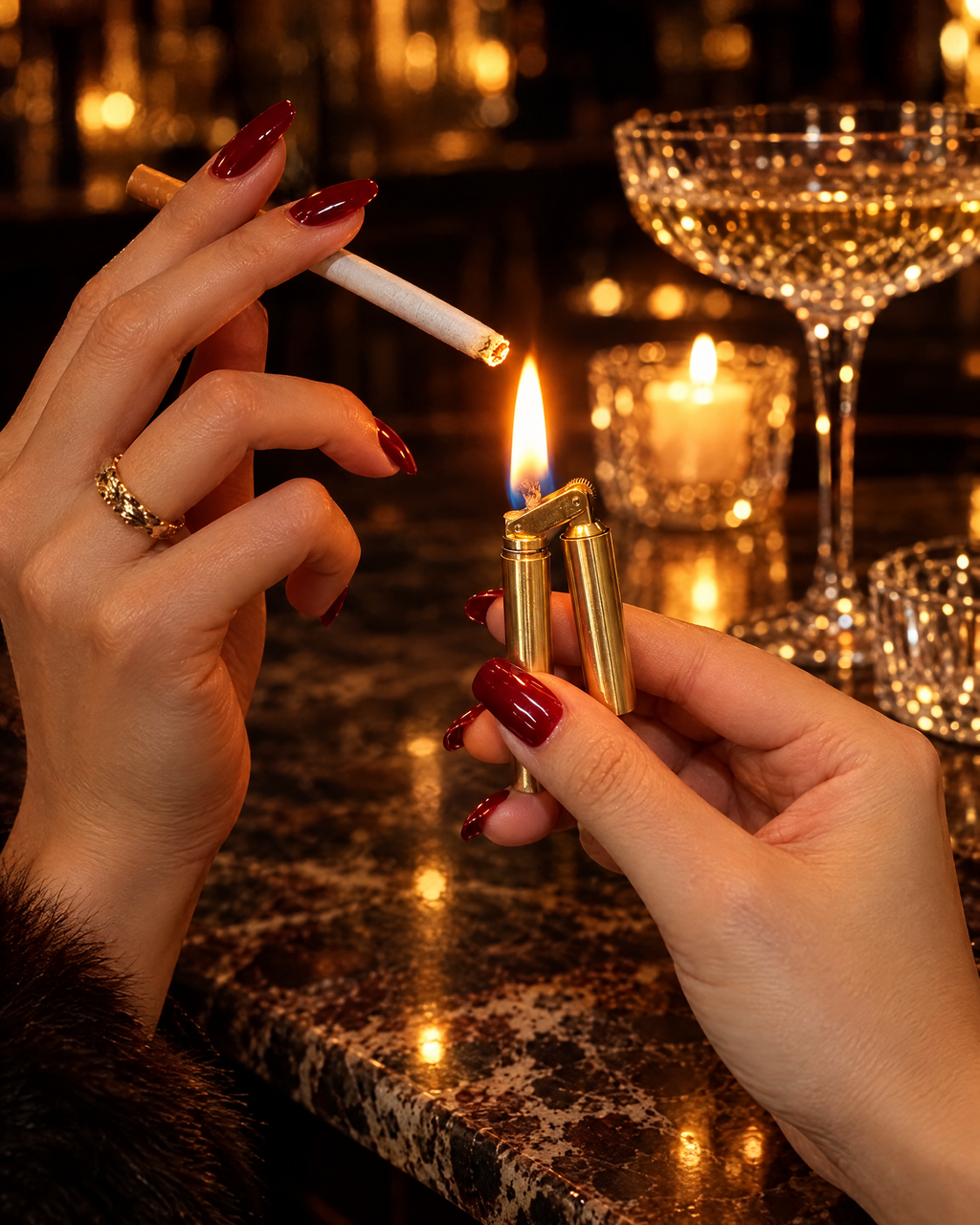 The Piccadilly Lighter in gold lit at a candlelit bar