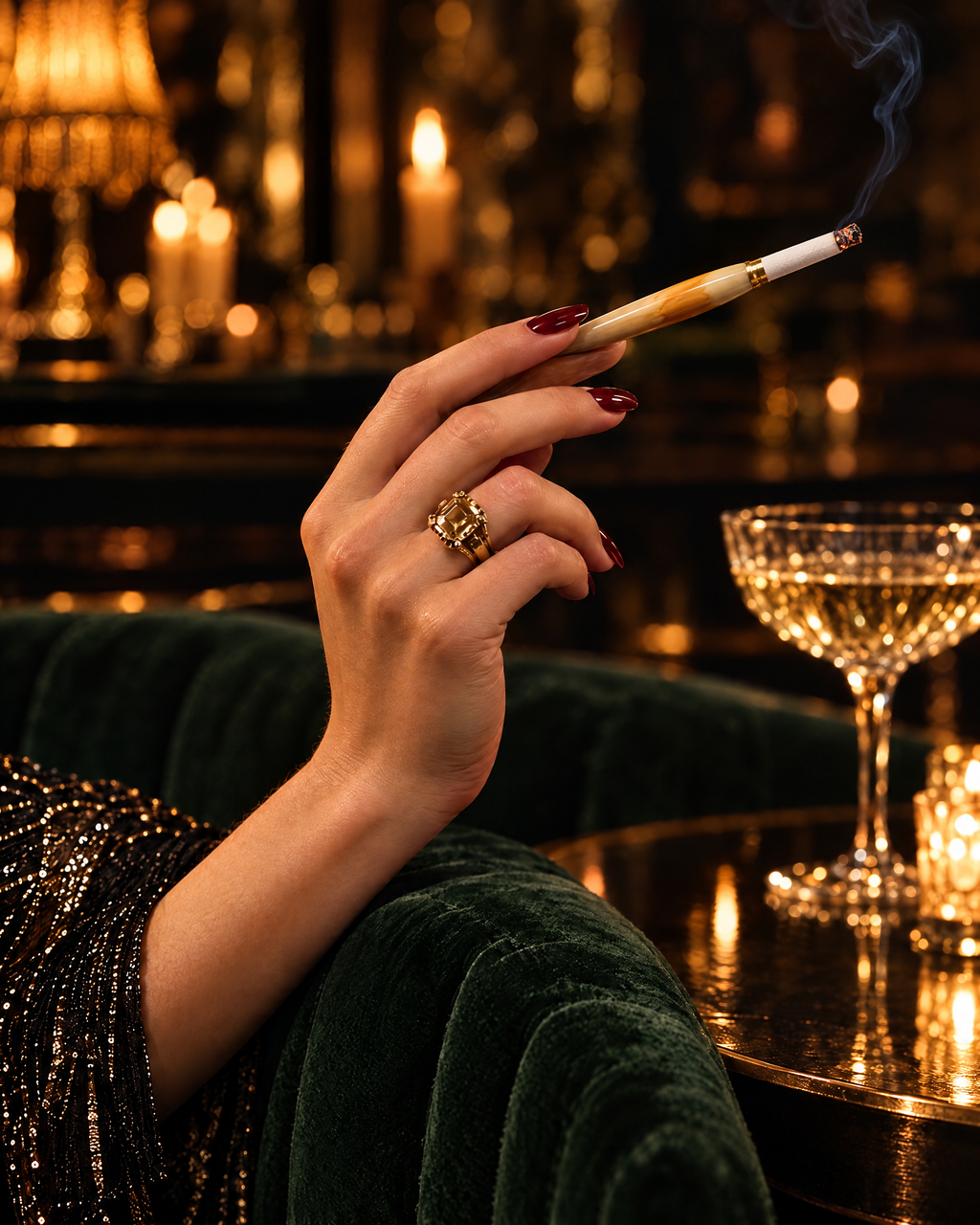 The Gatsby Cigarette Holder held at a candlelit cocktail bar