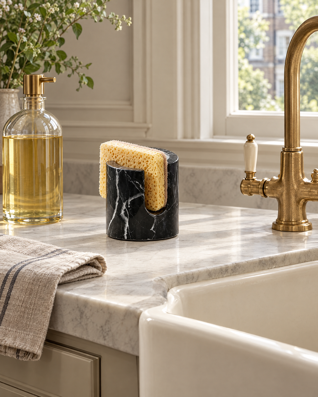 The Carrara Sponge Holder by a farmhouse kitchen sink