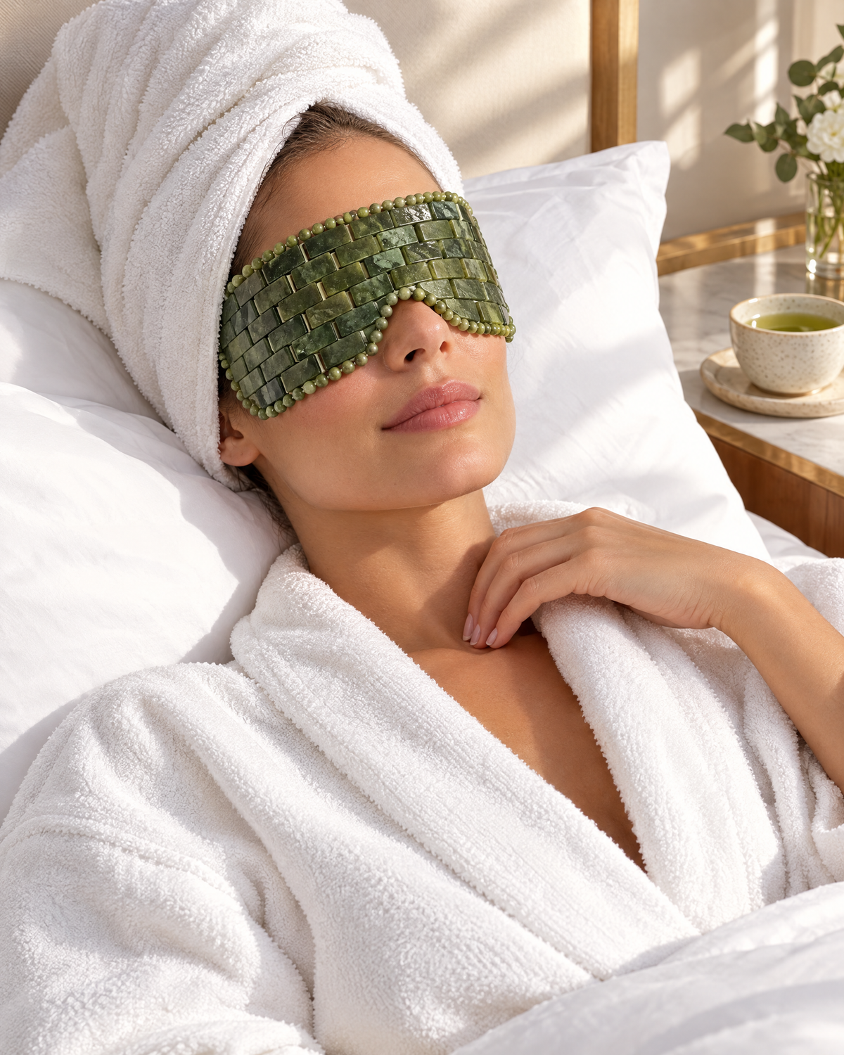 Relaxing in bed wearing The Suzhou Jade Eye Mask