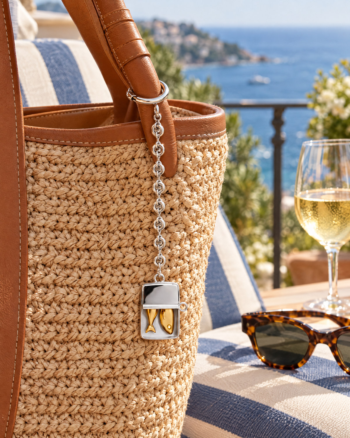 The Portofino Sardine Charm on a raffia tote on a Riviera terrace