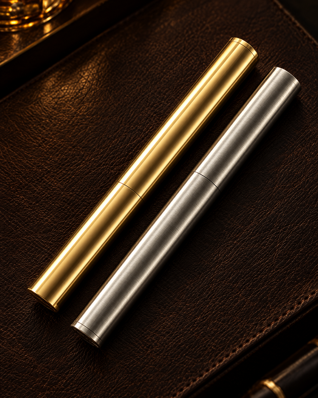 Gold and silver Piccadilly Lighters on leather