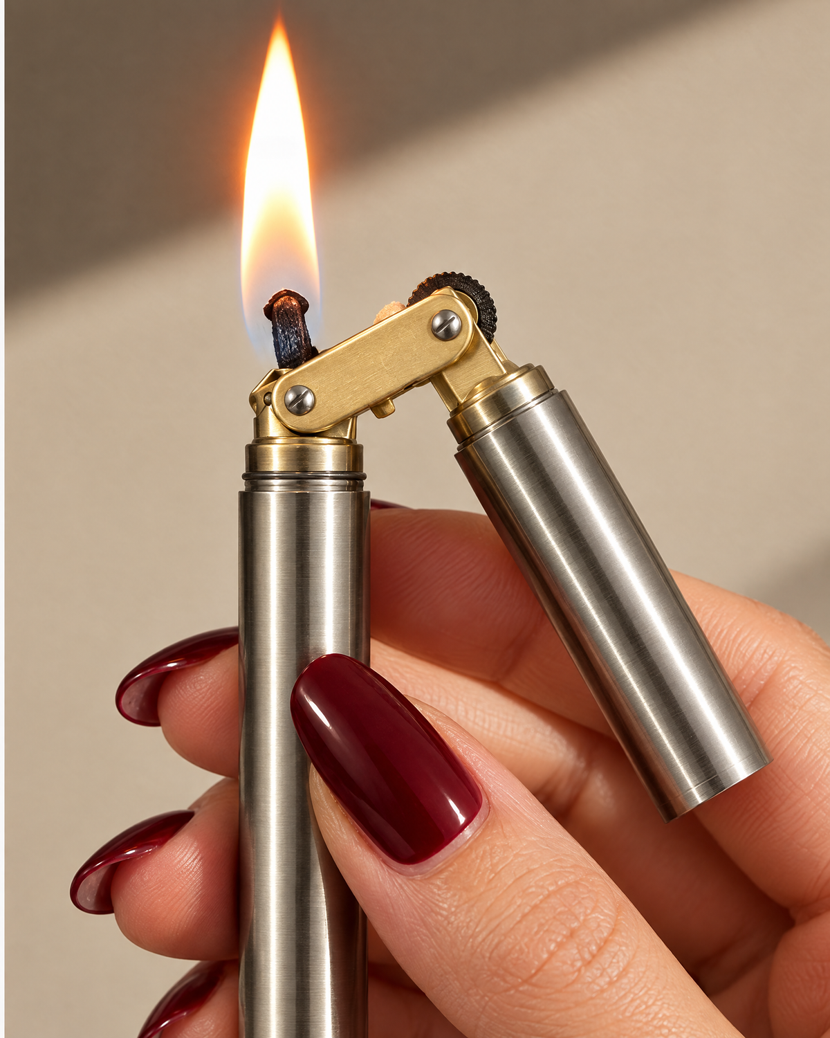The Piccadilly Lighter in silver, lit in hand