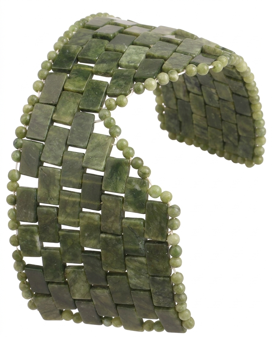 A wide, flexible woven cuff bracelet made of rectangular olive green stone tiles and small round beads, shown on a plain white background.