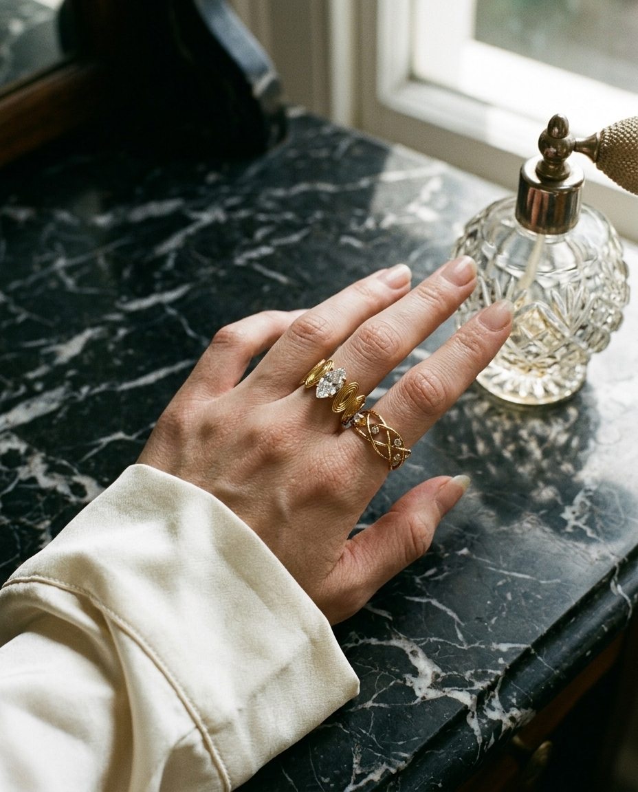 A close-up of a person's hand wearing three gold rings, including a heart-shaped diamond ring, resting on a black marble countertop next to a glass perfume bottle.