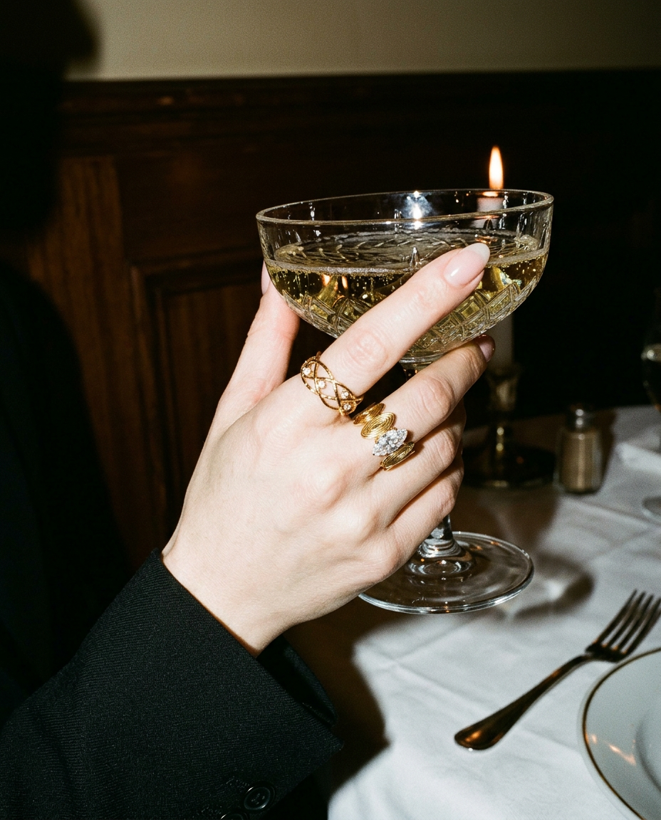 A close-up lifestyle shot of a hand holding a coupe glass with white wine, wearing multiple gold rings, including a prominent textured band ring and a ring with a clear gemstone, set against a dark restaurant background with a lit candle.