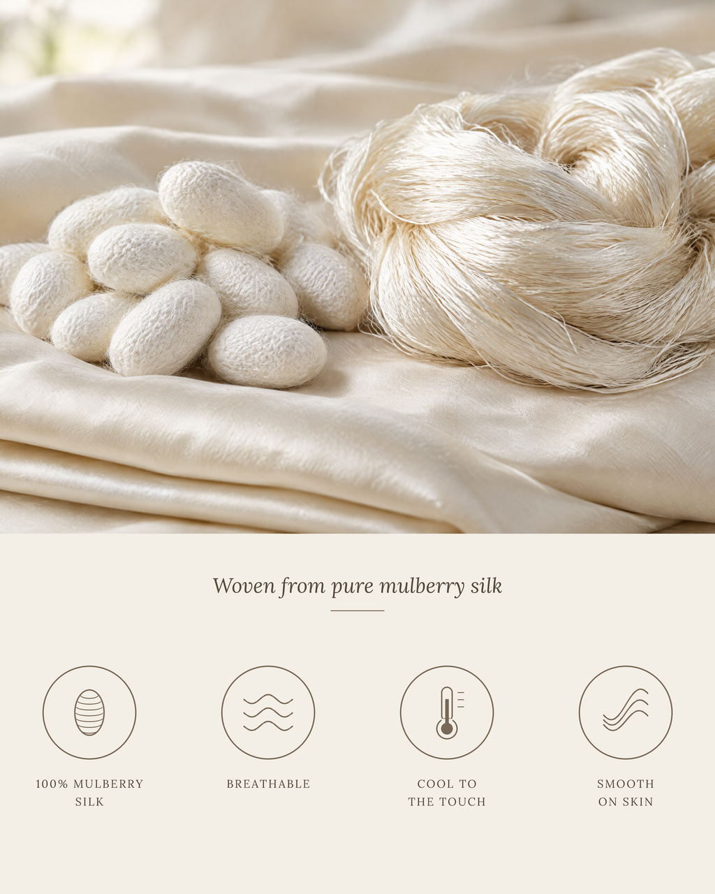 The Lyon Silk Bedding Set, woven from pure mulberry silk: breathable, cool to the touch, smooth on skin