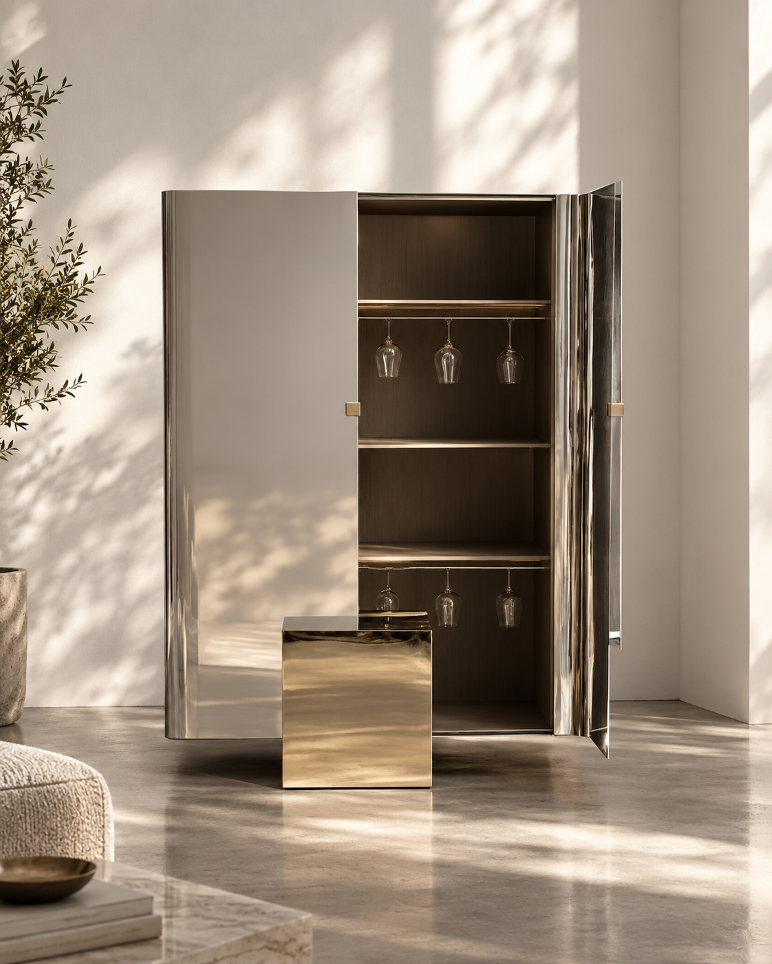 A modern two-door bar cabinet with a brushed gold finish, shown open to reveal shelves and hanging wine glasses. A matching gold side table sits in front.
