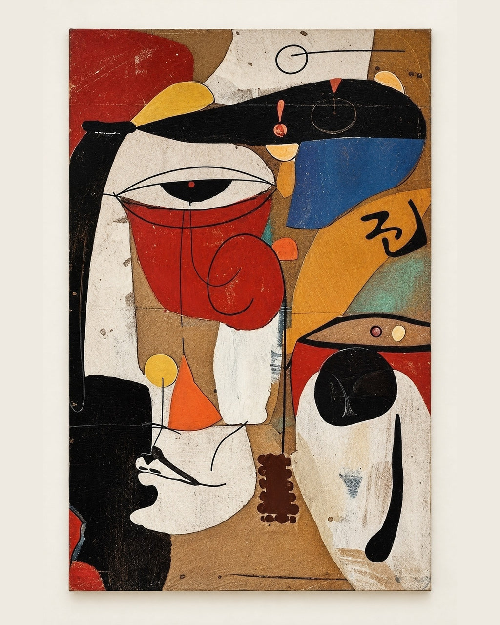 An abstract cubist-style painting on canvas featuring a stylized face with bold blocks of red, black, white, blue, yellow, and tan, shown against a light neutral background.