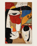An abstract cubist-style painting on canvas featuring a stylized face with bold blocks of red, black, white, blue, yellow, and tan, shown against a light neutral background.