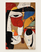 An abstract cubist-style painting on canvas featuring a stylized face with bold blocks of red, black, white, blue, yellow, and tan, shown against a light neutral background.