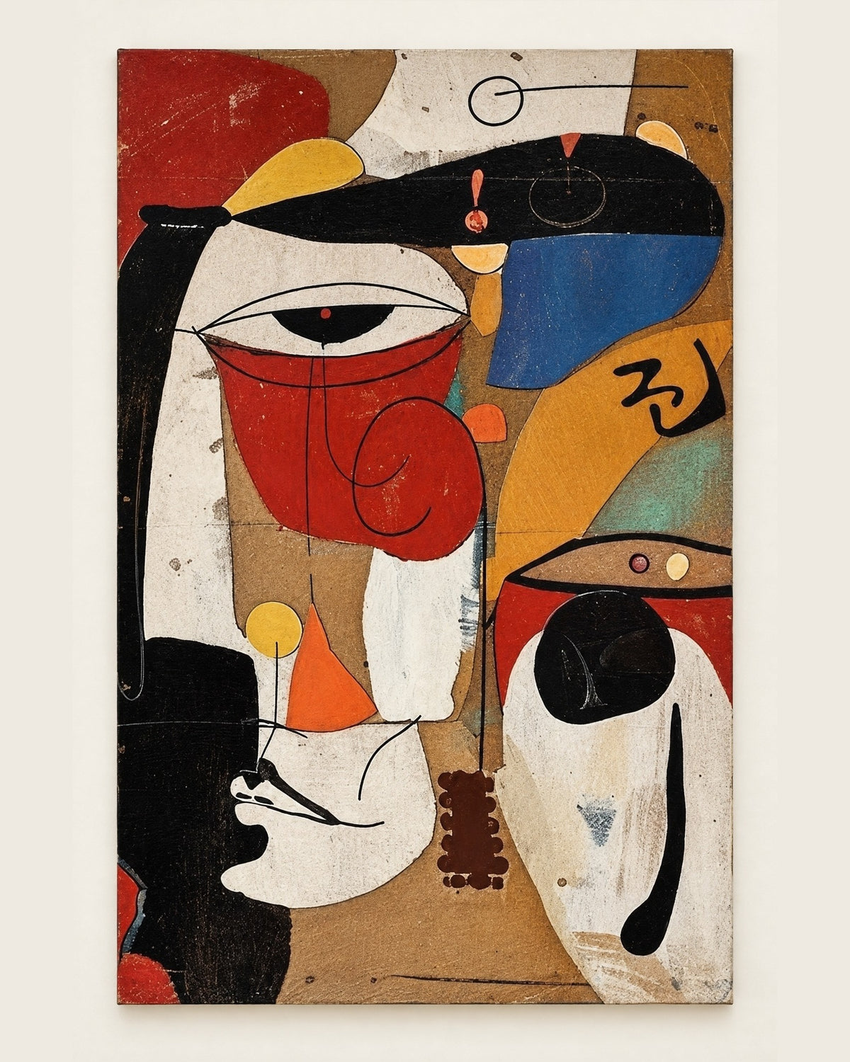 An abstract cubist-style painting on canvas featuring a stylized face with bold blocks of red, black, white, blue, yellow, and tan, shown against a light neutral background.
