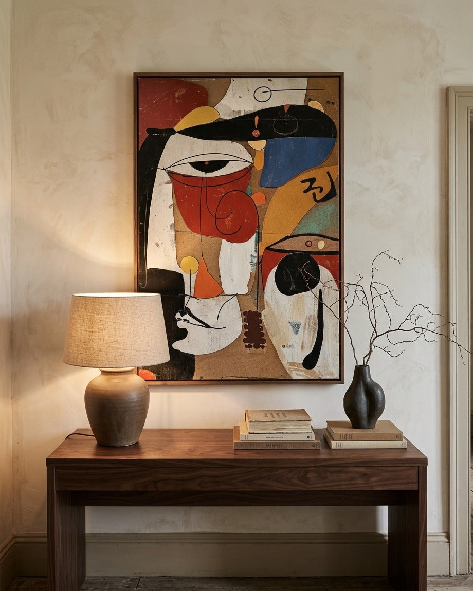 A framed abstract painting with bold geometric shapes in red, black, white, blue, yellow, and beige hangs on a textured beige wall above a dark wood console table. A lit table lamp sits on the left, and a black vase with dried branches and stacked books sit on the right.