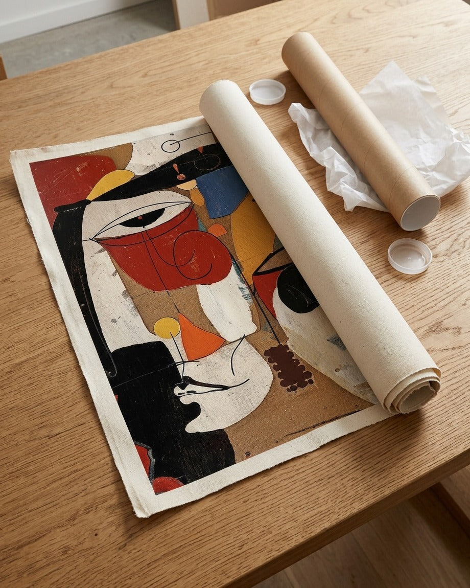 A rolled canvas print featuring an abstract cubist-style face design in red, black, cream, and yellow, displayed on a light wood table alongside a cardboard tube and crumpled paper.