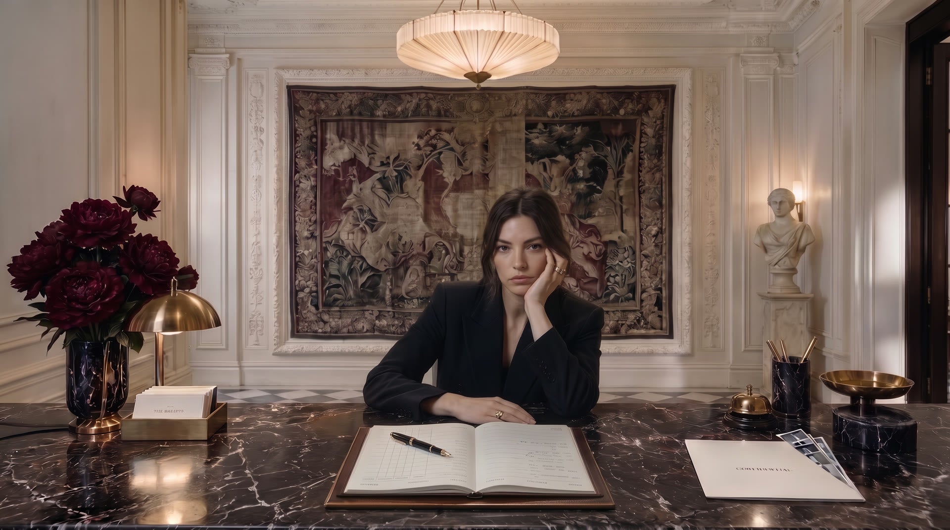 The Society's receptionist, pen resting on her guestbook, regarding you.