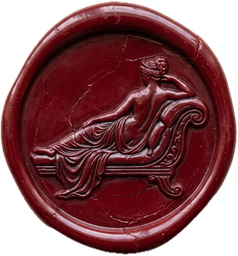 The Society's burgundy wax seal: a reclining woman on a chaise longue.